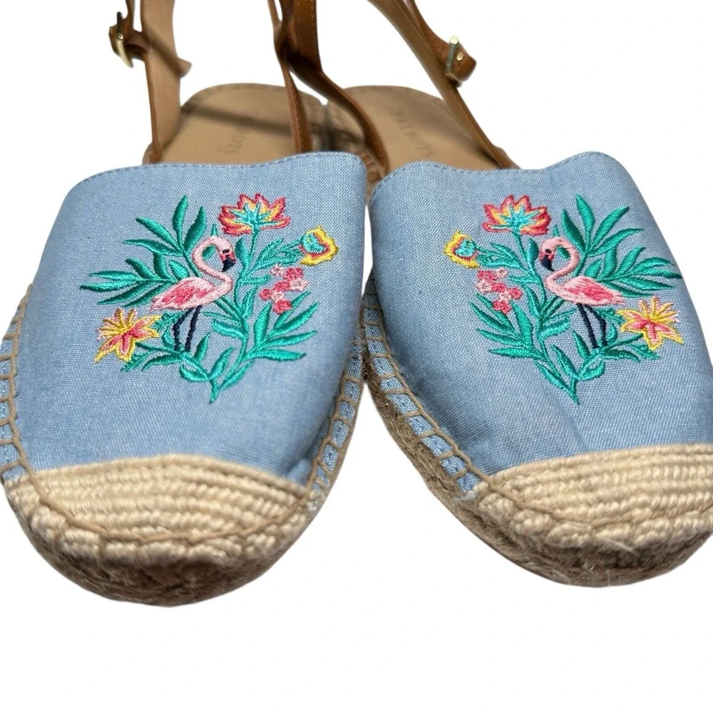 TALBOTS Espadrille Sandals Size 9.5 Chambray Izzy D'Orsay Embroidered Flamingo